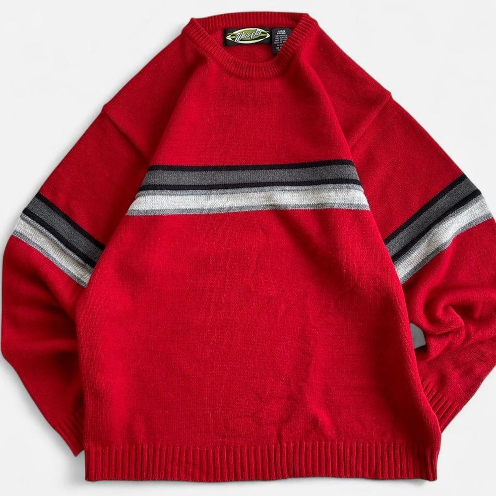 Vintage White Out Red with Gray Stripes Y2k 90s Skater Sweater L